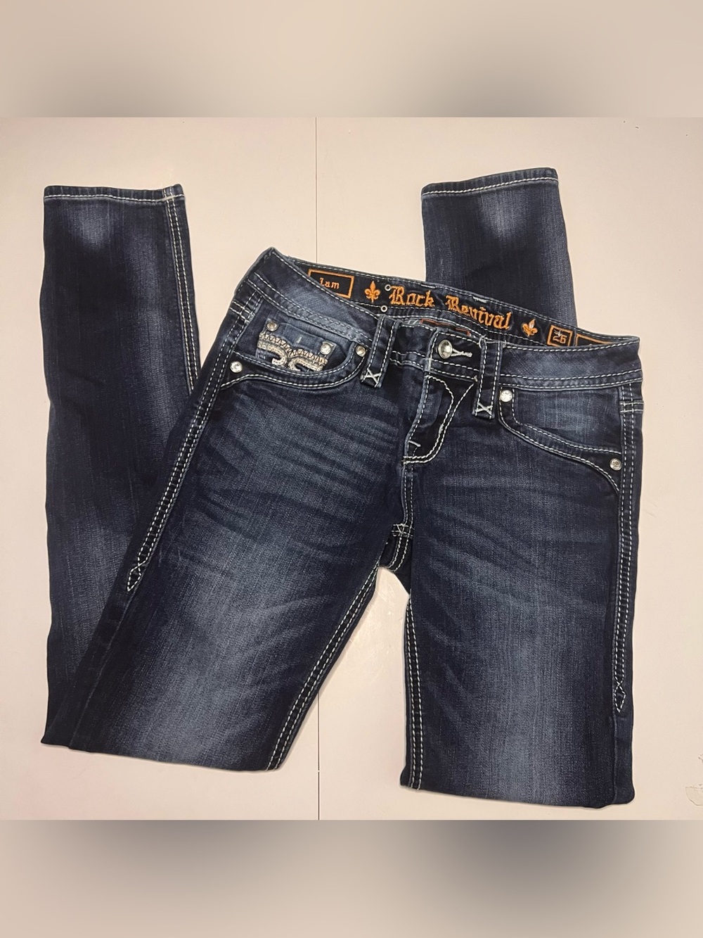 Rock Revival Lam Skinny Stretch Jeans 26 Dark Wash Thick Stitch Embroidered